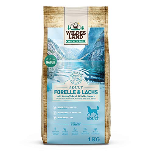 Wildes Land - Nr. 6 Forelle & Lachs - 1 kg - mit Kartoffeln und Wildkräutern - Glutenfrei - Trockenfutter für Hunde - Hundefutter mit hohem Fleischanteil - Hohe Verträglichkeit von WILDES LAND