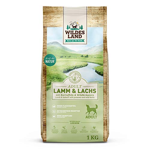 Wildes Land - Nr. 7 Lamm & Lachs - 1 kg - mit Kartoffeln und Wildkräutern - Glutenfrei - Trockenfutter für Hunde - Hundefutter mit hohem Fleischanteil - Hohe Verträglichkeit von WILDES LAND