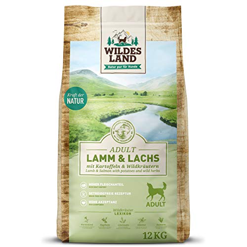 Wildes Land - Nr. 7 Lamm & Lachs - 12 kg - mit Kartoffeln und Wildkräutern - Glutenfrei - Trockenfutter für Hunde - Hundefutter mit hohem Fleischanteil - Hohe Verträglichkeit von WILDES LAND
