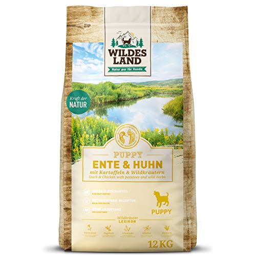 Wildes Land - Nr. 8 Puppy Ente & Huhn - 12 kg - mit Kartoffeln und Wildkräutern - Glutenfrei - Trockenfutter für Hunde - Hundefutter mit hohem Fleischanteil - Hohe Verträglichkeit von WILDES LAND