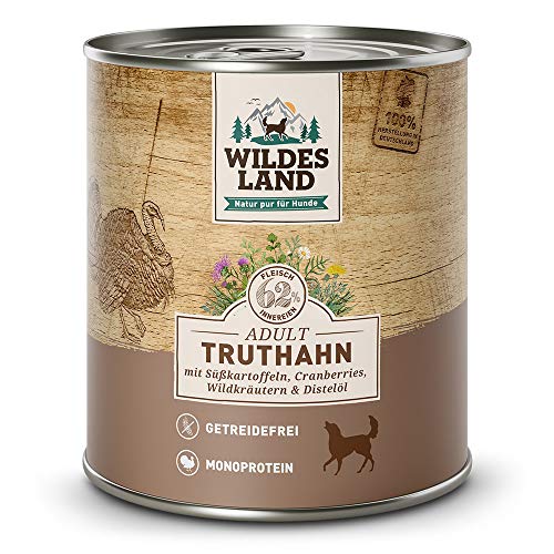Wildes Land - Truthahn - 6 x 800 g - Mit Süßkartoffel, Cranberries, Distelöl und Wildkräutern - Nassfutter für Hunde - Hoher Fleischanteil - Monoprotein - Getreidefreies Hundefutter von WILDES LAND