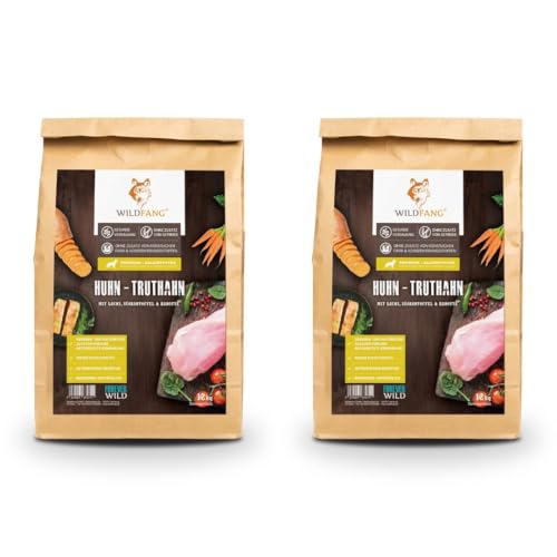 Wildfang® Premium getreidefreies Hundetrockenfutter - Hochwertiges getreidefreies Hundefutter trocken, Protein-Trockenfutter für ausgewachsene Hunde (12 kg, Huhn mit Truthahn & Lachs Welpen) von Wildfang