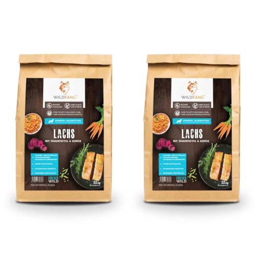 Wildfang® Premium getreidefreies Hundetrockenfutter - Hochwertiges getreidefreies Hundefutter trocken, Protein-Trockenfutter für ausgewachsene Hunde (12 kg, Lachs mit Süßkartoffel Welpen) von Wildfang