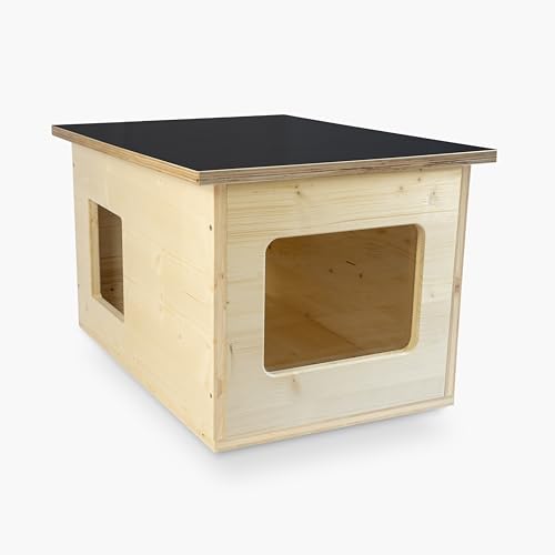 catcabin Katzenhaus für Draußen, Winterfest, Isoliert, Massivholz, Made in Germany, Outdoor Katzenhöhle (ohne Isolierung, Dach Siebdruck, Fichte-Fenster) von Wildnest