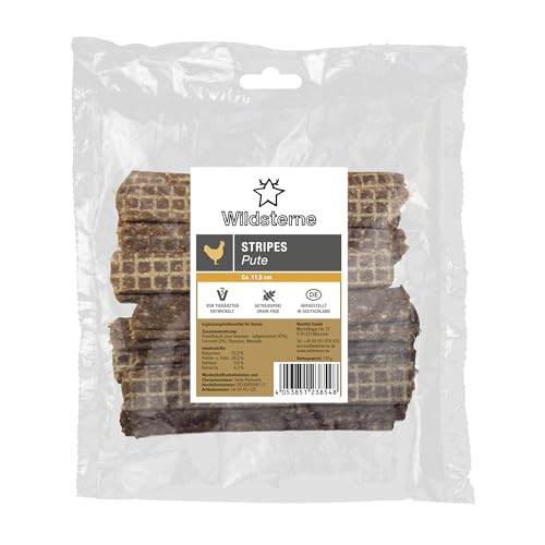 Stripes Pute 125 g | 98% Fleisch ohne Innereien | Monoprotein Pute | getreidefrei | natürliche Hundeleckerlies | Zutaten aus der EU | ohne Zusatzstoffe | hypoallergen | für Allergiker | fleischig Stripes Pute 125 g | 98% Fleisch ohne Innereien | Monoprotein Pute | getreidefrei | natürliche Hundeleckerlies | Zutaten aus der EU | ohne Zusatzstoffe | hypoallergen | für Allergiker | fleischig von Wildsterne