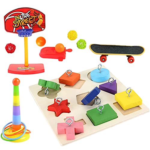 Vogelspielzeug 5 Arten Papageienspielzeug-Set beinhaltet Basketball-Spielzeug, Skateboard, Stapelspielzeug, Holzblöcke, Puzzle-Spielzeug, Rattan-Ball, Spielzeug, Vogel-Trainingsspielzeug für Sittiche, von Wilgure