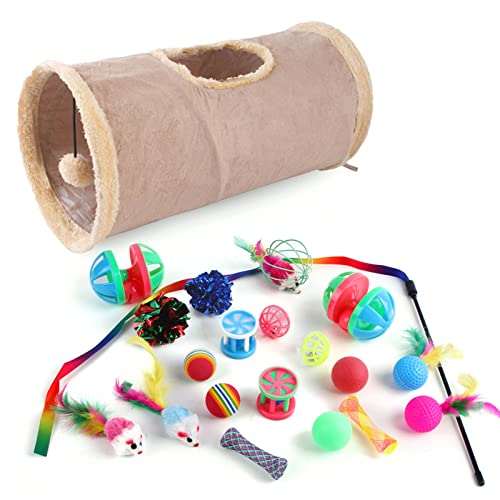 Wilitto 21-teiliges Katzentunnel-Spielzeug-Set, verschiedene Linderungen gegen Langeweile, zusammenklappbar, für Freizeitkätzchen, Tunnel, Feder-Teaser, Stab und Ball von Wilitto