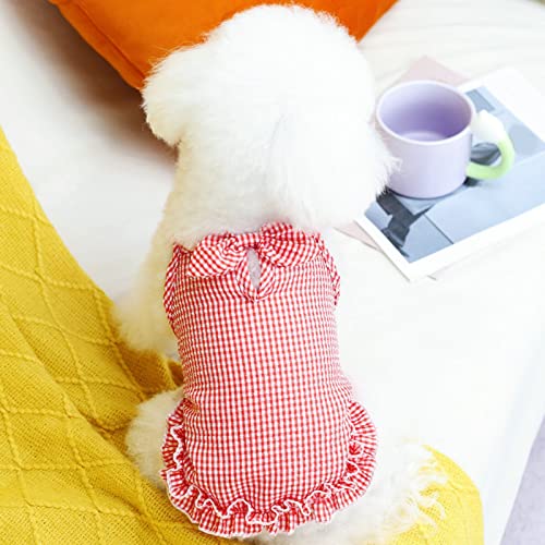 Wilitto Bequemes weiches Haustierkleid, Welpen Hund Schleife Kleid, Ärmelloses Karomuster Haustier Hunde Shirts Niedliche Hundekleidung, Quadratischer Ausschnitt Haustier Shirt, Atmungsaktive Haustier Bekleidung für kleine Katzen und Hunde, Rot, M von Wilitto