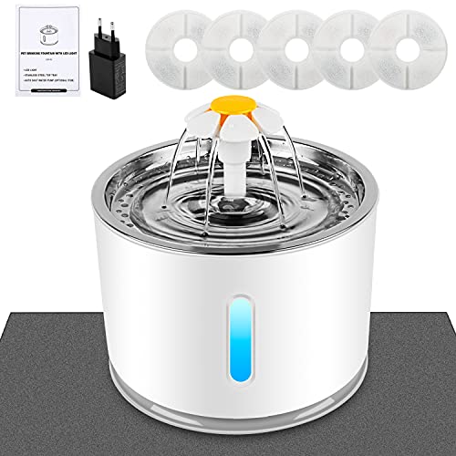 Wilktop Katzen Trinkbrunnen,Haustierbrunnen mit Aktivkohlefilter Wasserstandsfenster, Leuchtende LED,2,4L Große Kapazität,3 Arten Brunnenwasserfluss Automatischer Katze Wasserspender für Hunde. von Wilktop