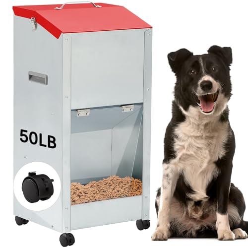 Willinglong Automatischer Futterspender für große Rassen, verzinkt, 22,7 kg, Schwerkraft-Hundefutterspender mit Rädern, für den Außenbereich, selbstfütterend, leicht zu bewegen mit Rädern von Willinglong