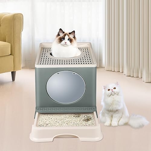 Faltbare Katzentoilette mit Schaufel für Katzentoilette, Katzentoilette, faltbar, Katzentoilette mit Deckel + abnehmbarer Platte (48 x 39 x 34 cm, grau) von Willonin