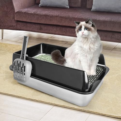 Große Katzentoilette aus Edelstahl für Katzen, mit Schaufel für Katzentoilette, Metall, leicht zu reinigen, 60 x 40 x 30 cm, Schwarz von Willonin