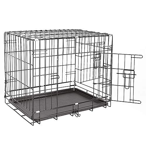 Käfig für Hunde, zusammenklappbar, aus Metall, Schwarz, mit 2 Türen, mit Bodenplatte aus kaufestem Kunststoff und Tragegriff (M) von Willonin