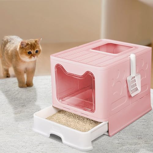 Katzentoilette für Katzen, geschlossene Katzentoilette, großes Katzentoilette, faltbar, mit Deckel, herausnehmbar, Kunststoff (PP), BPA-frei, Schaufel, 51 x 41 x 38 cm (A,Rosa) von Willonin