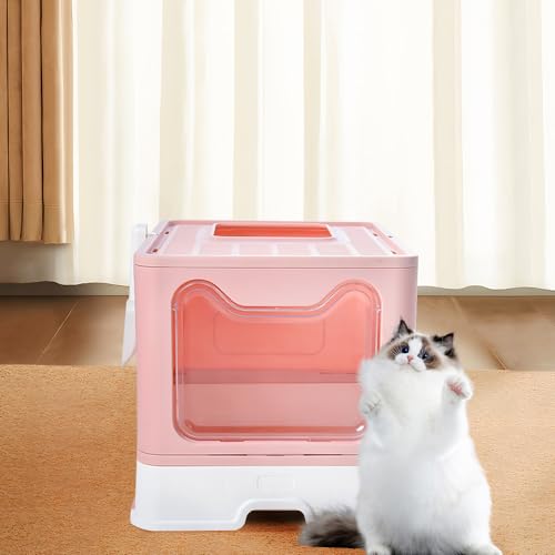 Katzentoilette geschlossen, großes Katzentoilette, faltbar, mit Deckel, Katzentoilette mit Schaufel, WC für Katzen, leicht zu reinigen, tragbar, 51 cm (L) x 41 cm (B) x 38 cm (H) (Sakura, Rosa) von Willonin