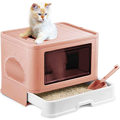 Katzentoilette groß, faltbar, mit Deckel, Schublade und Schaufel für Katzentoilette, tragbar, WC für große und kleine Katzen (E,48,5 x 36,5 x 38 cm, Rosa) von Willonin