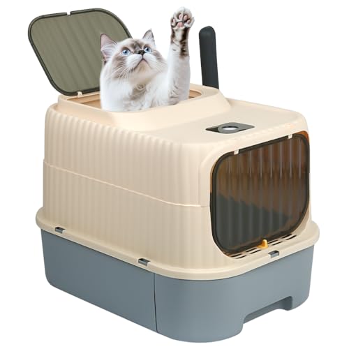 Katzentoilette mit durchsichtiger Tür, Schaufel, 2 Lufterfrischerbeutel, 2 Ein- und Auslassoptionen, 37 x 49 x 37 cm, Grau von Willonin