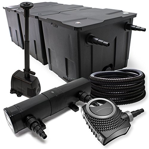 Wiltec Komplettset: CBF-350C Teichfilter bis 90000 L Teichfilteranlage, NEO10000 Teichpumpe 10000l/h 80W, CUV-236 Teichklärer 36W, 25m Teichschlauch 25 mm, HJ-943 Springbrunnen 800l/h 16W von Wiltec