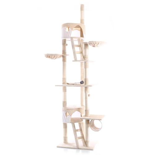 Wiltec Kratzbaum 240-260 cm beige/weiß, Katzenkratzbaum deckenhoch mit Sisal, Kletterbaum für Katzen, Deckenspanner Katzenbaum mit Hängematten von Wiltec