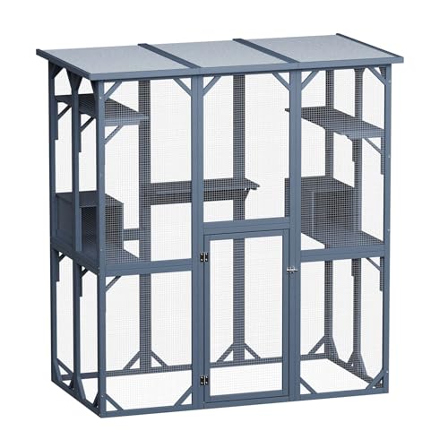 Wiltec Freilaufgehege Katzen 170 x 88 x 180 cm, Katzenfreigehege Holz mit Asphaltdach, Außengehege Verschiedene Ebenen, Katzengehege für Garten, Balkon von Wiltec