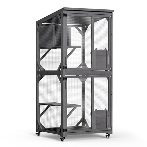 Wiltec Freilaufgehege Katzen 74 x 78 x 180 cm, Katzenfreigehege Tannenholz, Außengehege mehrere Ebenen und Rollen, Katzengehege für Garten, Balkon von Wiltec