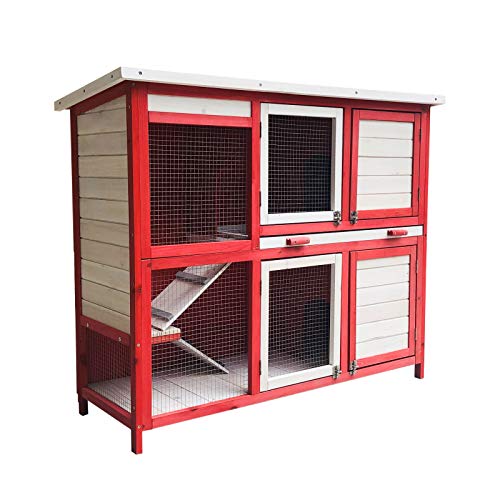 Wiltec Kaninchenstall rot weiß 1175 x 410 x 1000 mm, Hasenstall als Ergänzung für Freilauf, Kaninchenkäfig Hasenkäfig mit 4 Türen und Treppe von Wiltec