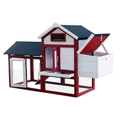 Hühnerstall mit Nistkasten & Freilauf, Rot-Weiß, Haus mit ausziehbarem Boden von Wiltec