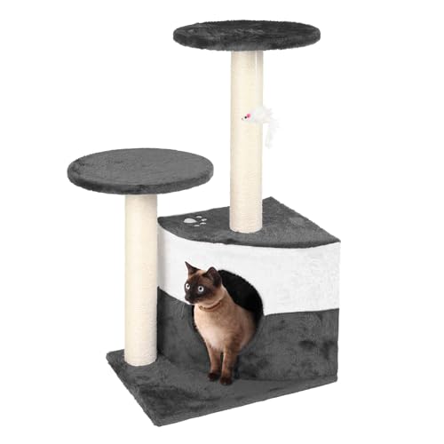 Wiltec Kratzbaum in Grau 71 cm hoch, Katzenkratzbaum mit zwei Plattformen, Katzenbaum mit Höhle und Spielball, Kletterbaum für Katzen von Wiltec