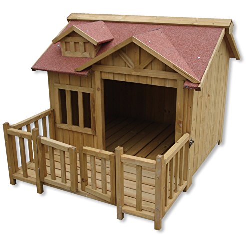 Wiltec Luxus XL Hundehütte 93,5 x 77,5 x 70 cm, braun, Hundehaus aus Holz mit Veranda, Hundehöhle Outdoor für Balkon Garten Terrasse von Wiltec