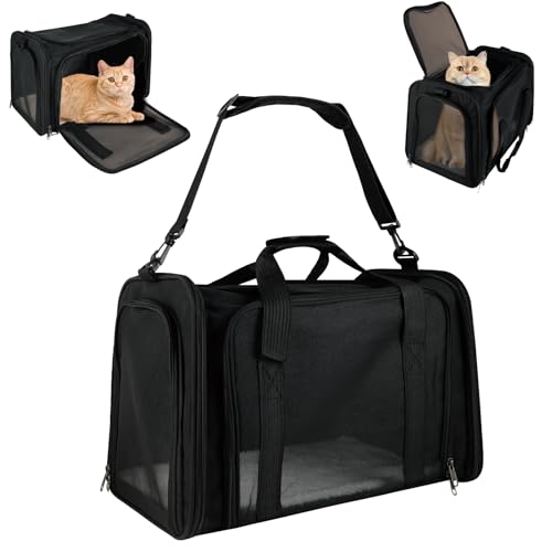 Haustiertragetasche – Faltbare Transportbox Katze & Hund, Leichte Katzentransporttasche mit Schultergurt, Atmungsaktive Transportbox für Reisen & Auto (Schwarz) von Windfromort