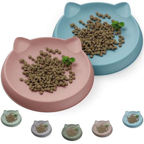 Wingcases Katzennapf für zarte kleine Innen-Kätzchen (2pcs, Koralle&Hellblau, Weiches Silikon) Fressnapf Flach Futternapf Teller Breit Schutz der Katzenbarthaare Katzen Zubehör von Wingcases