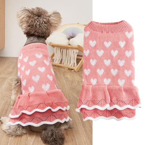 Winmany Valentinstags-Hundepullover für kleine und mittelgroße Katzen, Hunde, rot-rosa Herzkleid, Haustier-Winter-Rollkragenpullover, Strickwaren (Rosa, M) von Winmany
