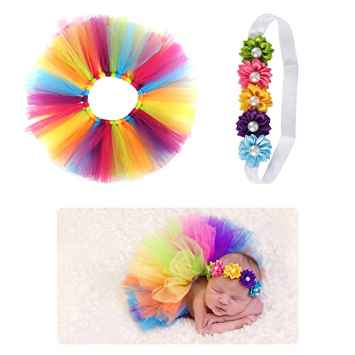 Winnfy Tutu-Rock für Kleinkinder, mehrlagiger Tüll, Regenbogenfarben, weich, flauschig, Tutu-Rock, florales Stirnband, Fotografie-Requisiten, Outfits 2 Stück/Set von Winnfy