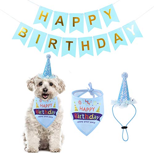 Winterworm 3er Set Hunde Party Supplies Hund Geburtstag Bandana mit Happy Birthday Banner und Doggie Birthday Party Hut für Welpen Geburtstag Dekoration (Blau) von Winterworm