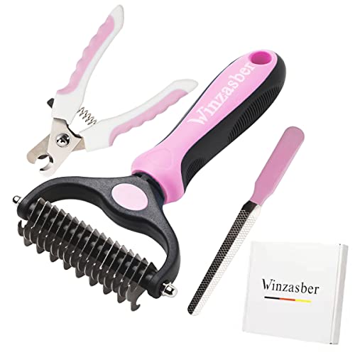 Winzasber Katzenbürste Kurzhaar - Hundebürste Langhaar, Katzenbürste & Unterwolle Bürste Hund und Katzen, mit Krallenschere Katzen | Rosa (3 Stück Set) von Winzasber