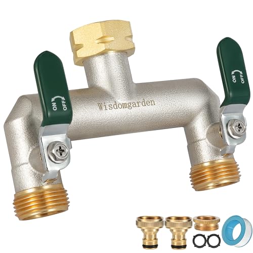 Wasserverteiler 2fach, 2 Wege Verteiler Wasser, Vernickelt Messing Wasserhahn Verteiler, Garten Verteiler 2 Wege mit Grün Griffen, 3/4 Zoll Robustheit Sechskantverbindung-Adapter 1/2 Zoll von Wisdomgarden