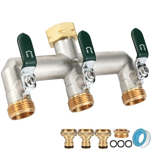 Wasserverteiler 3fach, 3 Wege Verteiler Wasser, Vernickelt Messing Wasserhahn Verteiler, Garten Verteiler 3 Wege mit Grün Griffen, 3/4 Zoll Robustheit Sechskant-Verbinder mit 1/2 Zoll Adaptern von Wisdomgarden
