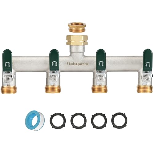 Wasserverteiler 4fach, 4 Wege Verteiler Wasser, Vernickelt Messing Wasserhahn Verteiler, Garten Verteiler 4 Wege mit Grün Griffen, 3/4 Zoll Robustheit Sechskant-Verbinder mit 1/2 Zoll Adaptern von Wisdomgarden