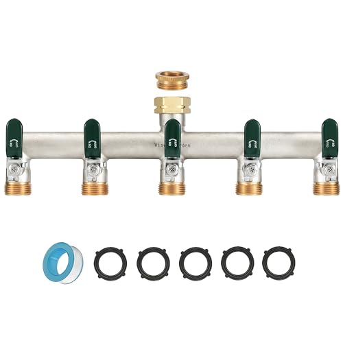 Wasserverteiler 5fach, 5 Wege Verteiler Wasser, Vernickelt Messing Wasserhahn Verteiler, Garten Verteiler 5 Wege mit Grün Griffen, 3/4 Zoll Robustheit Sechskant-Verbinder mit 1/2 Zoll Adaptern von Wisdomgarden