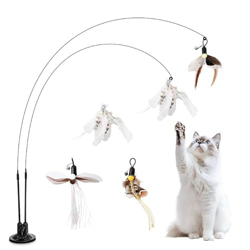 Wisebom Katzenangel Spielzeug mit Saugnapf Interaktives Katzenspielzeugset Katzenspielzeug Intelligenz mit 2X Spielangel für Katzen, 2X Federn und 3X Fliegende Insekten von Wisebom
