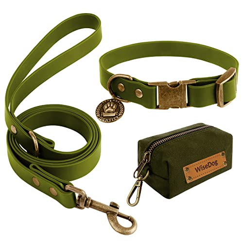 Wisedog Hundehalsband und Leine Set Combo: Einstellbare langlebige Haustier Halsbänder mit Hundeleinen für kleine mittlere große Hunde, enthält einen Bonus von Poop Bag Holder (M, Olivgrün) von Wisedog