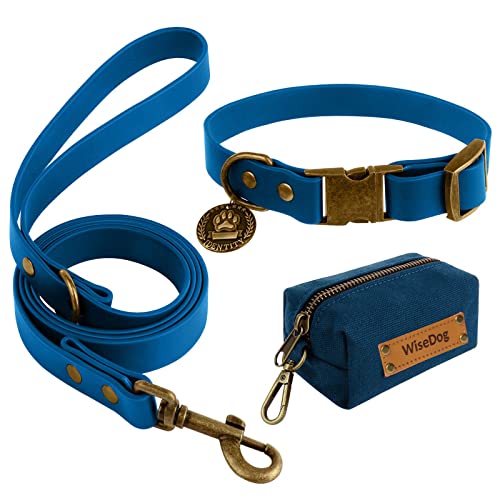 Wisedog Hundehalsband und Leine Set Combo: Einstellbare langlebige Haustier Halsbänder mit Hundeleinen für kleine mittlere große Hunde, enthält einen Bonus von Poop Bag Holder (M, Blau) von Wisedog