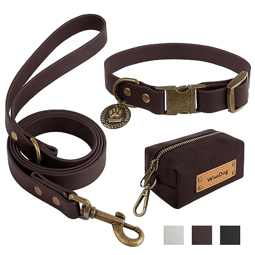 Wisedog Hundehalsband und Leine Set Combo: Einstellbare langlebige Haustier Halsbänder mit Hundeleinen für kleine mittlere große Hunde, enthält einen Bonus von Poop Bag Holder (L, Braun) von Wisedog