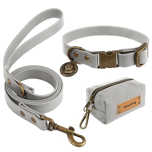 Wisedog Hundehalsband und Leine Set Combo: Einstellbare langlebige Haustier Halsbänder mit Hundeleinen für kleine mittlere große Hunde, enthält einen Bonus von Poop Bag Holder (L, Grau) von Wisedog