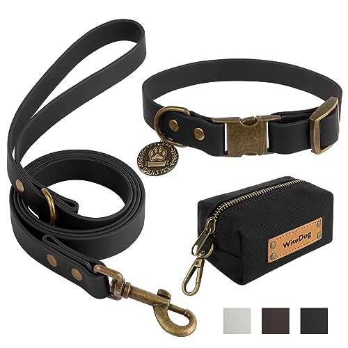 Wisedog Hundehalsband und Leine Set Combo: Einstellbare langlebige Haustier Halsbänder mit Hundeleinen für kleine mittlere große Hunde, enthält einen Bonus von Poop Bag Holder (L, Schwarz) von Wisedog