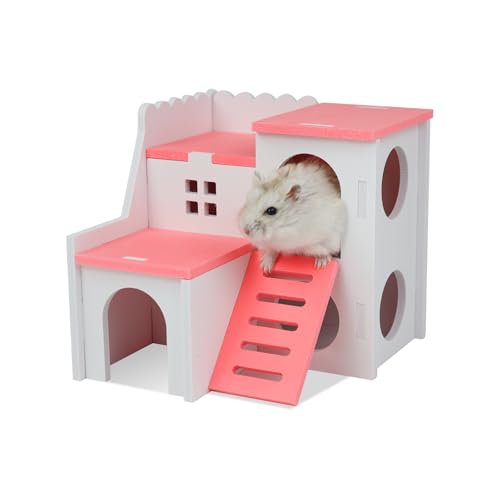 WishLotus Hamsterhaus, luxuriöses Kleintierversteck mit lustiger Kletterleiter, Übungsspielzeug, zweilagige Hütte für Zwerghamster, Ratten, Rennmäuse, Maus, kleine syrische Hamster (Rosa) von WishLotus