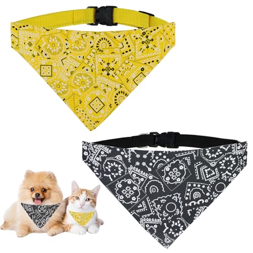 WishLotus Hundehalstücher für Katzen und kleine, mittelgroße Hunde, verstellbares Dreieckstuch mit D-Ring zum Ausgehen, Schwarz + Gelb, Größe L von WishLotus