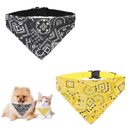 WishLotus Hundehalstücher für Katzen und kleine, mittelgroße Hunde, verstellbares Dreieckstuch mit D-Ring zum Ausgehen, Schwarz + Gelb, Größe M von WishLotus