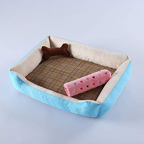 Waschbares Haustierbett für kleine Welpen und Katzen, mittelgroß, groß, große Hunde Bettwäsche + Kissen + Sommer-Schlafmatte + Decke (Blau + Weiß) von Wishdeal