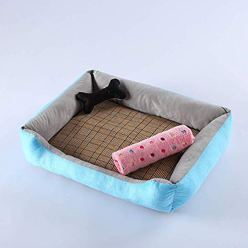 Waschbares Haustierbett für kleine Welpen und Katzen, mittelgroß, groß, riesig, Hundebettwäsche + Kissen + Sommer-Schlafmatte + Decke (Blau + Grau) von Wishdeal